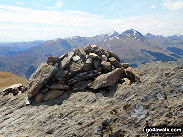 Sgiath Chuil summit cairn with Stob Binnein and Ben More (centre right) in the distance