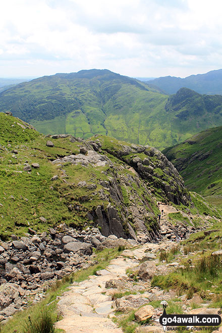 Looking back down the path up to Stickle Tarn with Lingmoor Fell in the background