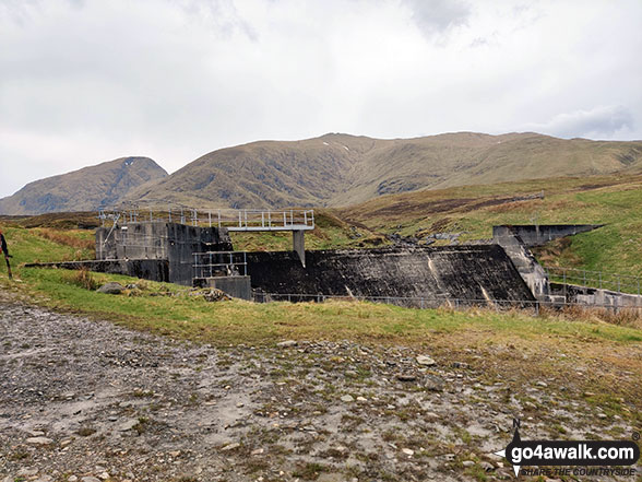 Lawers Burn Dam with An Stuc (Ben Lawers) (left) and Meall Garbh (Loch Tay) (centre) in the background 