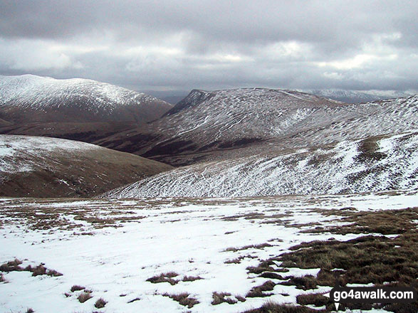 Walk c248 Skiddaw from High Side - Bowscale Fell (left) and Blencathra or Saddleback with Sharp Edge clearly visible (centre) with a dusting of snow from Skiddaw (Little Man)