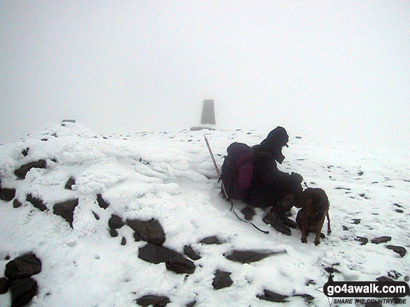 Walk c321 Skiddaw and Lonscale Fell from Millbeck, nr Keswick - Mike & his dog on the a very cold and snowy Skiddaw