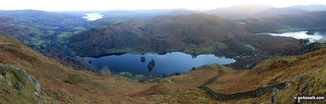 Walk c389 Great Rigg, Fairfield and Hart Crag from Ambleside - Rydal Water (centre) with Lake Windermere (top left) and Grasmere (right) from Nab Scar on The Fairfield Horeshoe