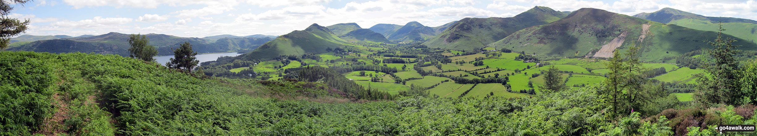 The view from the summit of Swinside (Portinscale) featuring Derwent Water, Cat Bells , Maiden Moor, High Spy, Dale Head (Newlands), Hindscarth, Robinson, Causey Pike, Sail, Crag Hill (Eel Crag), Barrow and Gridedale Pike