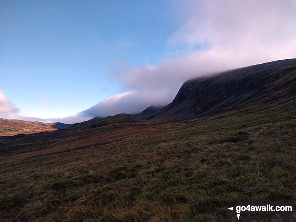 Walk gw152 Cadair Idris (Penygadair), Mynydd Moel, Cyfrwy and Gau Craig via The Pony Path - Cyfrwy (The Saddle) and Cadair Idris (Penygadair) consumed by cloud from Rhiw Gwredydd