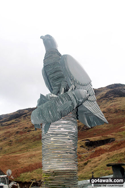 Walk c241 Great Gable and Honister Pass from Seatoller - Slate sculpture of an eagle outside the slate mine shop at Honister Hause