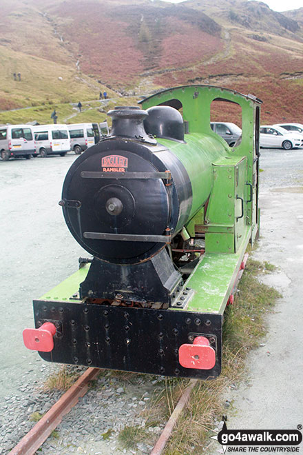 Walk c174 Glaramara and Great Gable from Seatoller (Borrowdale) - Former mine train locomotive outside the slate mine shop at Honister Hause