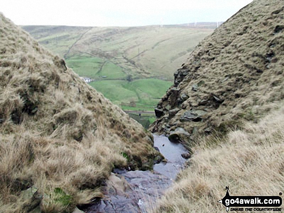 Walk l220 Thieveley Pike and Black Scout from Holme Chapel - Black Scout and Coal Clough Wind Farm (right) from Black Clough (Deerplay Moor)