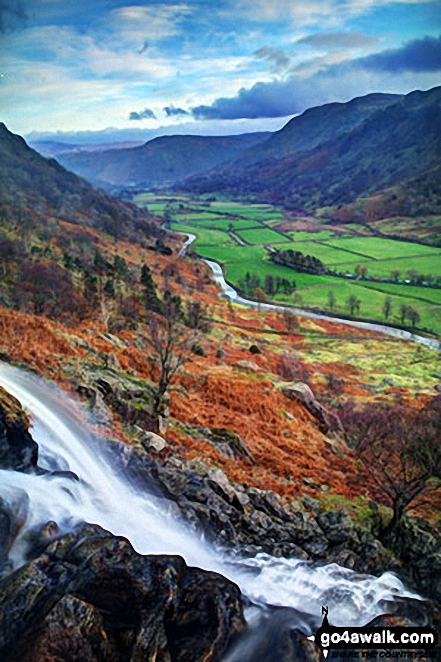 The Seathwaite Valley from half-way up Sourmilk Gill en-route to Gillercombe, Green Gable and Great Gable 