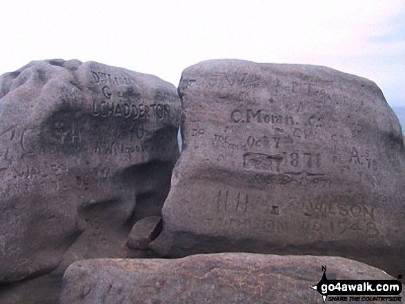 Walk d172 Bleaklow Head (Bleaklow Hill) and Higher Shelf Stones from Old Glossop - 19th Centuary Grafitti on Higher Shelf Stones