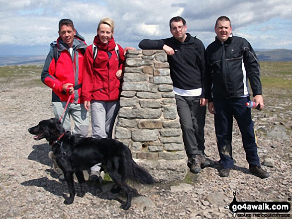 Walk ny322 The Yorkshire Three Peaks Challenge as a 2 day walk - Day 2 from Horton in Ribblesdale - Myself, Paul Baldry, Max the Dog, Jenny Baldry, Tom Evans and Martin Brown on top of Ingleborough.