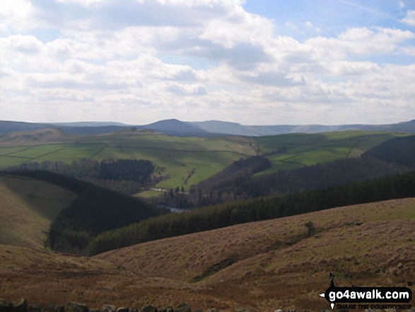 Walk d114 Alport Castles and Bleaklow Stones from Fairholmes Car Park, Ladybower Reservoir - Derwent Reservoir with Margery Hill beyond from Rowlee Pasture