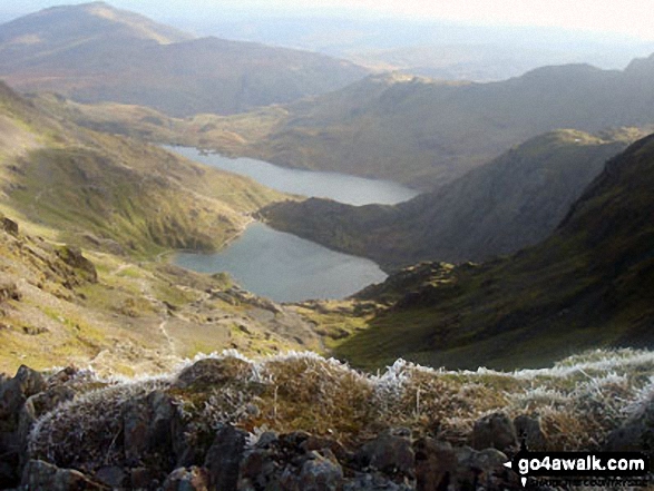 The view from Mount Snowdon with a touch of hoar frost on the grass making them into white ribbons