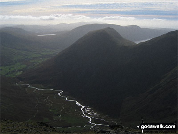 Walk c343 Pillar and Red Pike from Wasdale Head, Wast Water - Wasdale Head (left), Burnmoor Tarn, Yewbarrow (front centre), Illgill Head (back) and Wast Water from Pillar