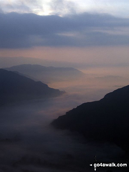 Walk c208 Harrison Stickle and High Raise from The New Dungeon Ghyll, Great Langdale - Sunrise over Great Langdale taken close by Dungeon Ghyll below the summit of Harrison Stickle