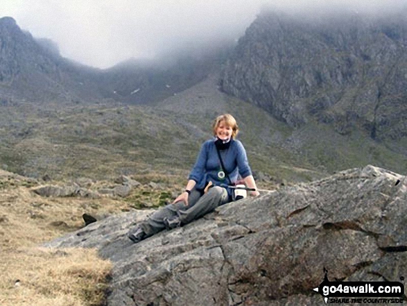 Walk c370 Scafell Pike from Seathwaite - My wife Pat halfway up Scafell Pike