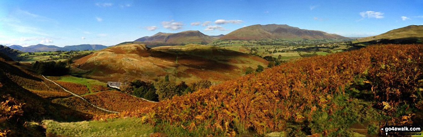 Walk c334 High Rigg from Legburthwaite - The North Western Fells (far left distance), Carl Side, Skiddaw and Lonscale Fell (centre left), Great Calva (centre) and Belncathra or Saddleback, Bannerdale Crags and Souther Fell (centre right) and the shoulder of Clough Head (far right) from the summit of High Rigg