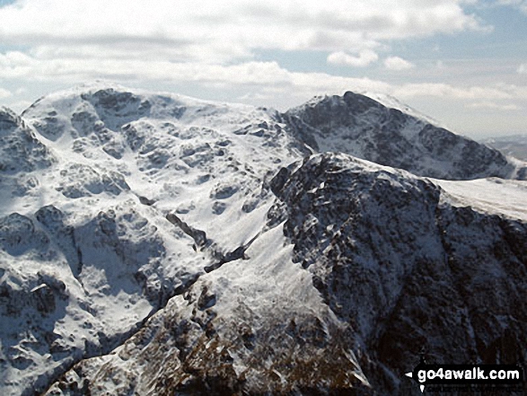 Walk c338 Great Gable and Kirk Fell from Honister Hause - Snow on Scafell Pike (left), Sca Fell (right top) and Lingmell (right centre) from Westmorland Cairn on Great Gable