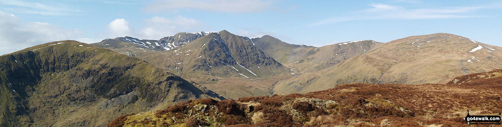 Walk c286 The Glenridding Skyline from Glenridding - Birkhouse Moor (foreground left), Catstye Cam (foreground centre), White Side (centre right) and Raise (Helvellyn) (right) with Striding Edge, Helvellyn and Lower Man (Helvellyn) in the background from Sheffield Pike