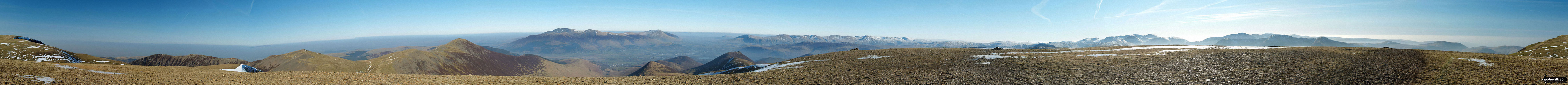 Walk c137 The Coldale Round from Braithwaite - The Coledale Horseshoe from Crag Hill (Eel Crag) trig point featuring: Grasmoor, Grasmoor, Whiteside (Crummock) (West Top), Whiteside (Crummock), Gasgale Crags, Hopegill Head, Sand Hill, The top of Hobcarton Crag, Grisdale Pike, The Skiddaw massif, Blencathra (or Saddleback), Keswick, Sleet How, Outerside, Stile End, Sail, Causey Pike, Bleaberry Fell, High Seat, High Tove, The Southern Fells and The Western Fells