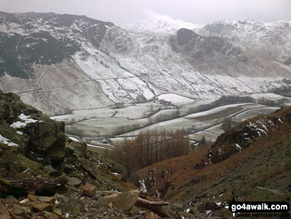 Walk c208 Harrison Stickle and High Raise from The New Dungeon Ghyll, Great Langdale - Great Langdale and Lingmoor Fell in the snow from Whitegill Crag