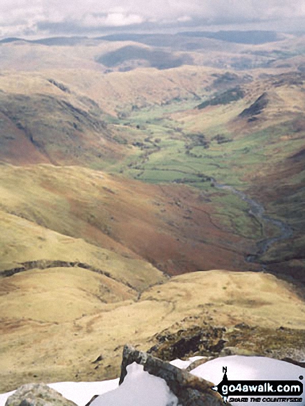 Walk c414 Crinkle Crags and Bow Fell (Bowfell) from The Old Dungeon Ghyll, Great Langdale - Great Langdale from Bow Fell (Bowfell)