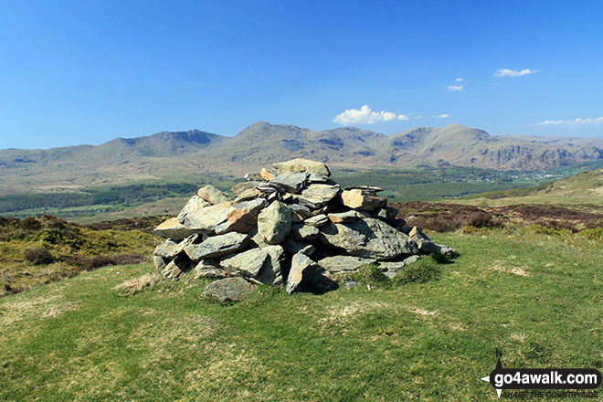 Top o' Selside summit cairn with the Coniston Fells: White Maiden, Walna Scar, Dow Crag, The Old Man of Coniston, Brim Fell, Swirl How and Wetherlam as a backdrop 