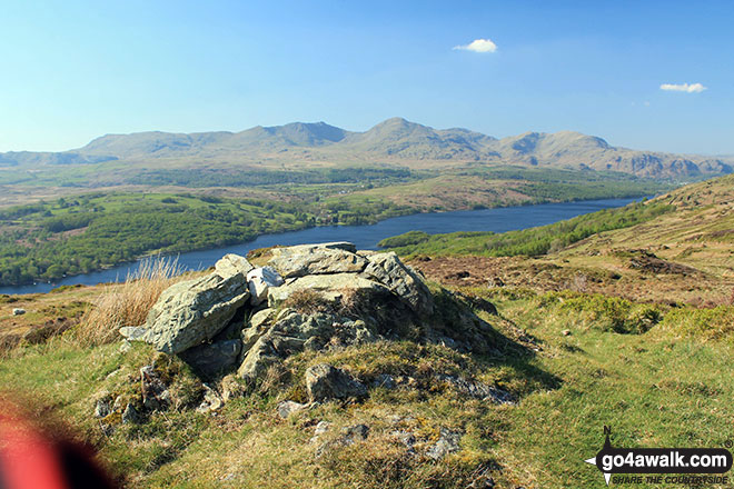 Low Light Haw (Top o' Selside) summit cairn with the Coniston Fells: White Maiden, Walna Scar, Dow Crag, The Old Man of Coniston, Brim Fell, Swirl How and Wetherlam in the background