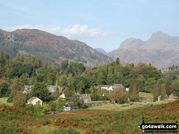 Walk c165 Little Langdale from Elterwater - Elterwater with Lingmoor Fell (left) and The Langdale Pikes (right)