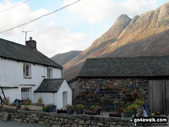 Walk c194 Scafell Pike from The Old Dungeon Ghyll, Great Langdale - Stool End Farm, Langdale with Pike of Stickle rising majestically