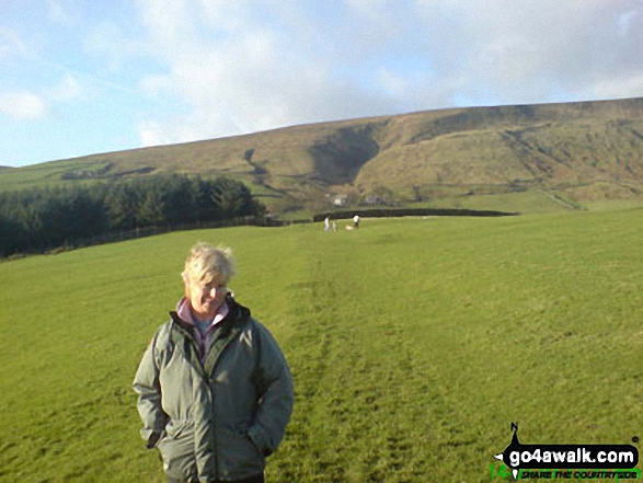 Walk l148 Ogden Reservoir and Fell Wood from Barley - My Wife Sue with Pendle Hill beyond from nr Barley Green