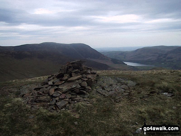 Walk c212 Burnbank Fell, Gavel Fell, Hen Comb and Mellbreak from Loweswater - Hen Comb summit cairn with Mellbreak and Crummock Water beyond