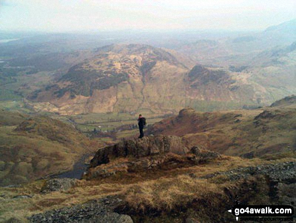 Walk c208 Harrison Stickle and High Raise from The New Dungeon Ghyll, Great Langdale - Me on Pavey Ark at the top of Jack's Rake, The Langdale Pikes with Lingmoor Fell across Great Langdale Valley in the background