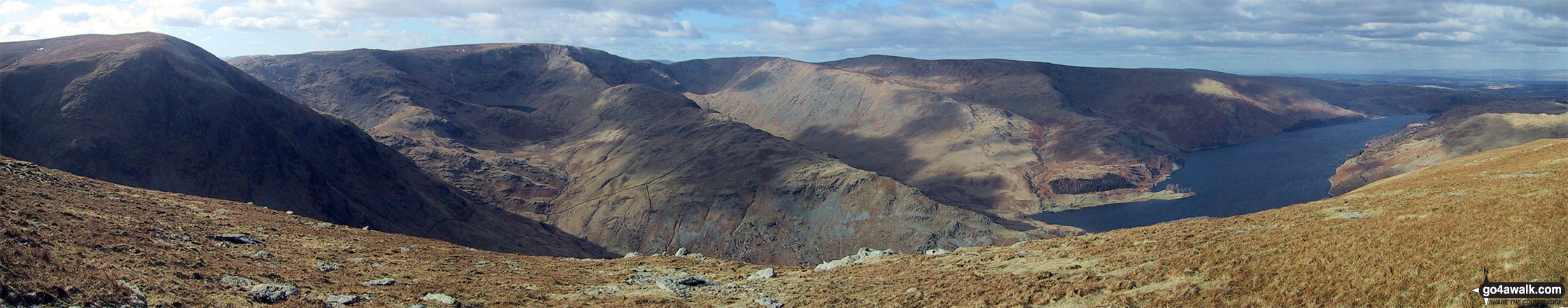 Walk c251 The Mardale Head Horizon from Mardale Head - The view from the summit of Branstree (Artlecrag Pike) featuring Harter Fell (Mardale) (left), High Street, Rough Crag, High Raise (Mardale) and Whether How above Haweswater Reservoir