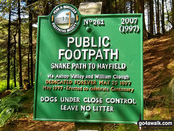 Walk d263 Seal Stones (Kinder Scout), Fairbrook Naze (Kinder Scout) and Mill Hill from Birchin Clough - Public Footpath sign by the River Ashop near Birchin Clough