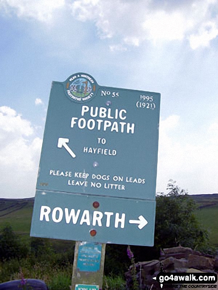 Walk d171 Lantern Pike and Cown Edge Rocks from Hayfield - Public Footpath No 55 sign near Rowarth