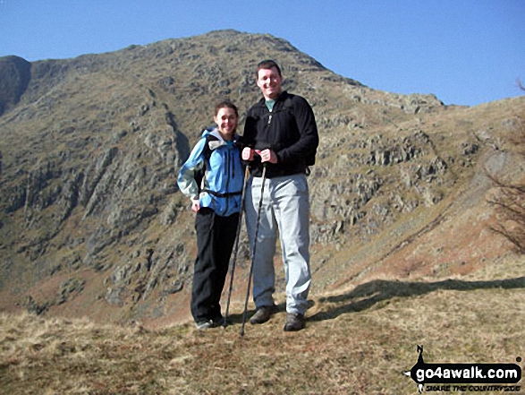 Walk c306 The Old Man of Coniston and Wetherlam from Coniston - The next challenge awaits, Mel and Rick approaching Wetherlam