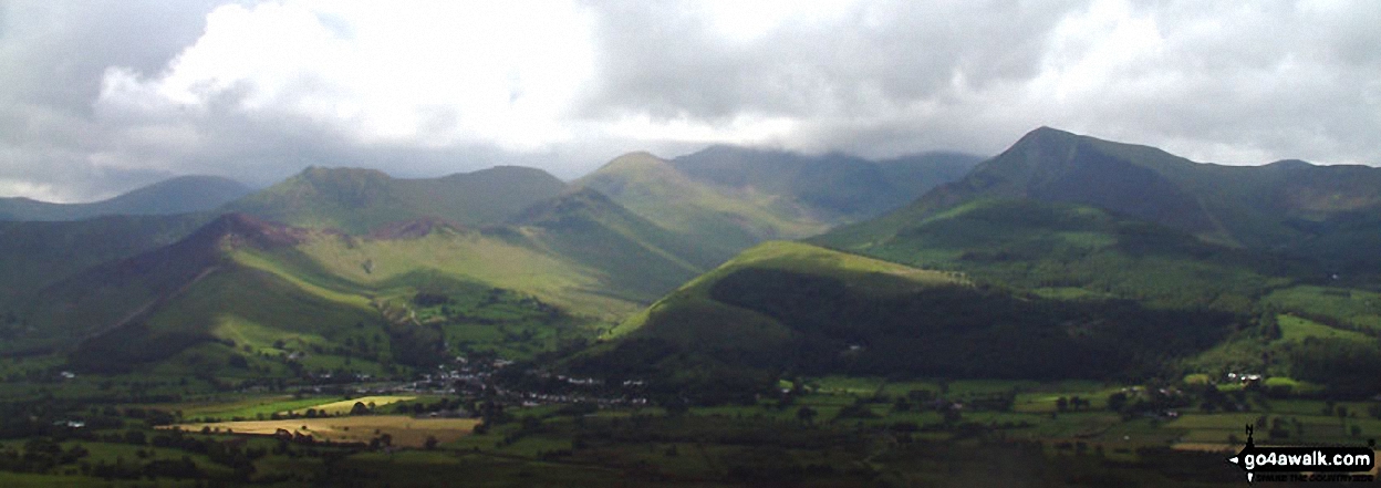 Walk c447 The Skiddaw Massif from Millbeck, nr Keswick - *Cat Bells (Catbells) (left), Causey Pike (centre), Grisedale Pike (right) and Braithwaite (foreground) from Doups