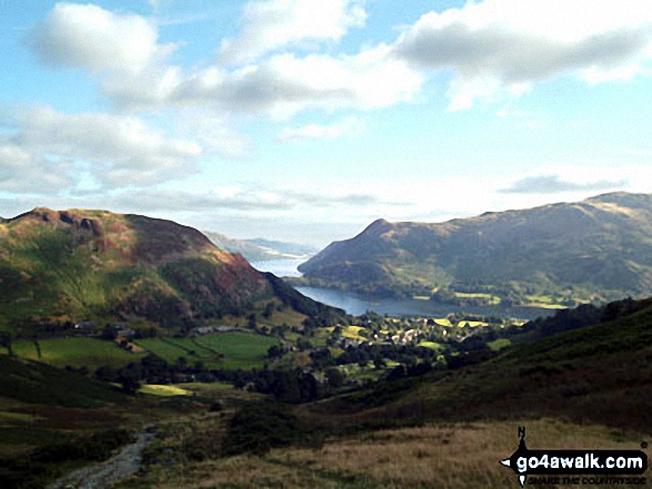 Walk c220 Helvellyn via Striding Edge from Glenridding - Ullswater and Glenridding from the lower slopes of Birkhouse Moor