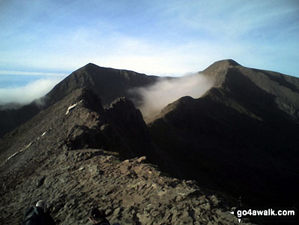 Crib Goch in all its glory with Garnedd Ugain (Crib y Ddysgl) (right) and Snowdon (Yr Wyddfa) (left) beyond from the start of Crib Goch