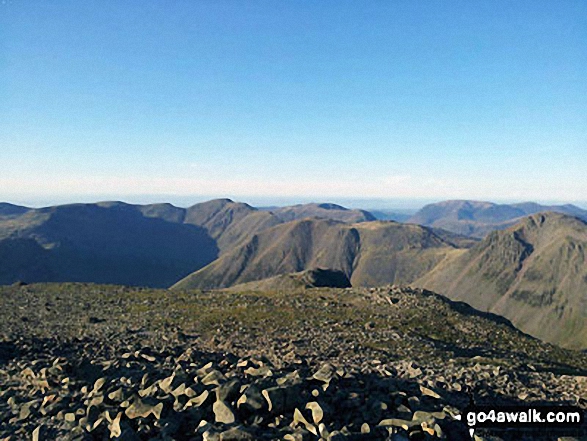 Walk c111 Scafell Pike from Wasdale Head, Wast Water - Red Pike (Wasdale) and Little Scoat Fell (left), Mosedale, Pillar and Kirk Fell (centre) and Great Gable (right) from the summit of Scafell Pike