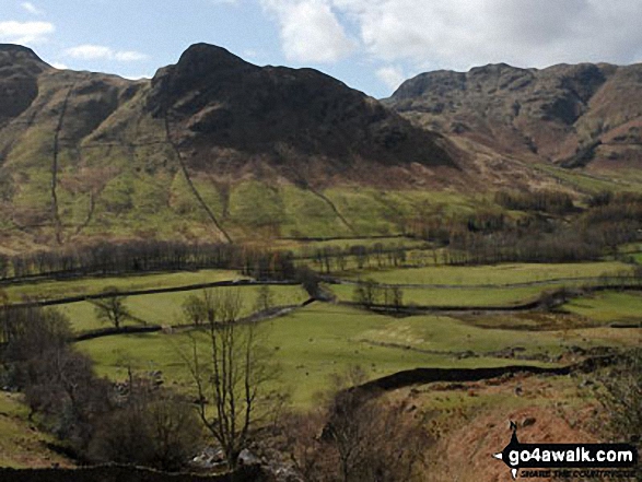 Looking across Great Langdale to Lingmoor Fell and Side Pike with Pike of Blisco (Pike o' Blisco) beyond from Stickle Ghyll below The Langdale Pikes 