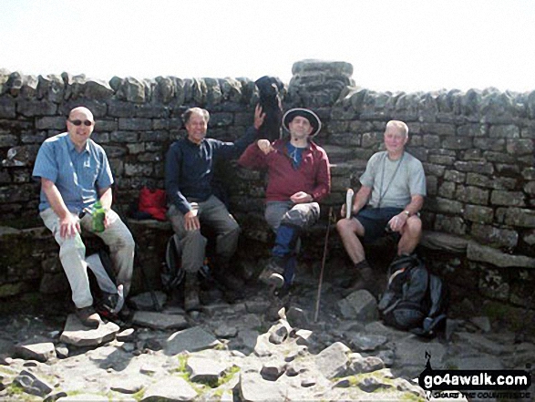 Walk ny130 Ingleborough and Raven Scar from The Old Hill Inn, Ribblehead - Alan, Pete, Stuart, Richard and Jess the Dog on Ingleborough.