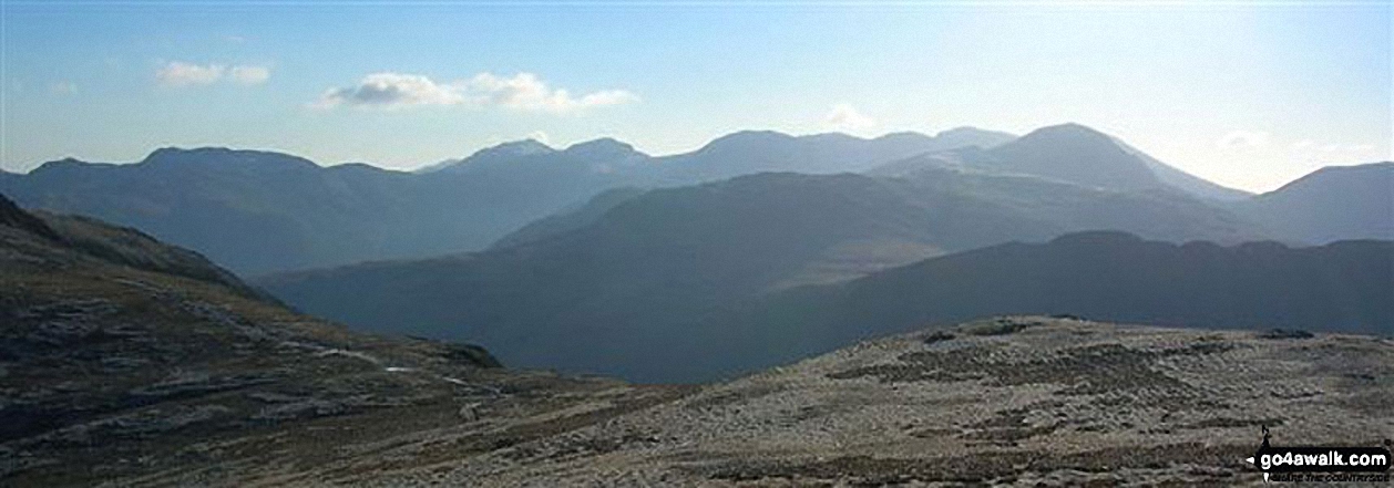 Walk c313 The Newlands Fells from Hawes End - Great Gable (mid-distance right) with The Scafell Massif beyond with Esk Pike (left) and Bow Fell (Bowfell) (far left) from Littledale Edge