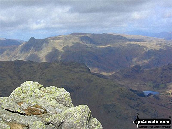 Walk c167 Wetherlam and Swirl How from Low Tilberthwaite - Looking across Little Langdale to the Langdale Pikes (with Pike of Stickle prominent to the left) from Wetherlam