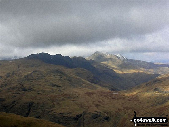 Walk c179 The Seathwaite Round from Seathwaite, Duddon Valley - Crinkle Crags (centre left) with Bow Fell (Bowfell) beyond from near Prison Band below Swirl How