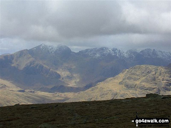 Walk c179 The Seathwaite Round from Seathwaite, Duddon Valley - The Scafell Massif laced by low cloud from Great Carrs