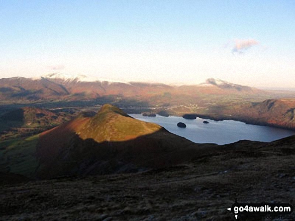 Walk c405 Cat Bells, High Spy and Castle Crag from Hawes End - Cat Bells (Catbells) (foreground) with Skiddaw and Blencathra (distance left) and Derwent Water from Maiden Moor