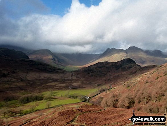 Walk c206 Lingmoor Fell and Little Langdale from Blea Tarn (Langdale) nr Elterwater - The shoulder of Pike of Blisco (Pike o' Blisco) (far left) , Oxendale, The Band and Mickledeon with The Langdale Pikes (right) from Lingmoor Fell