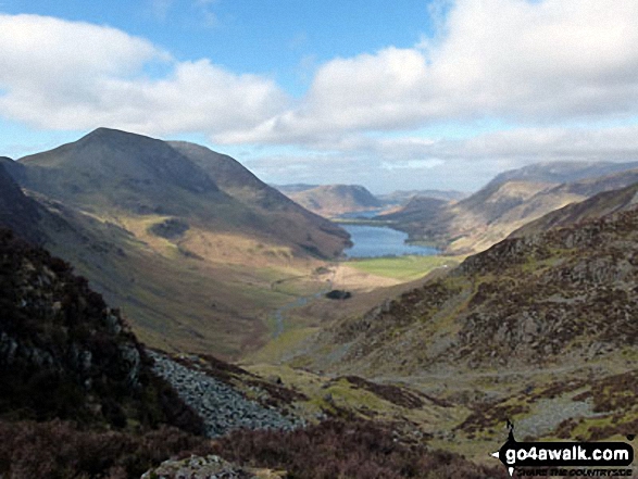 Walk c295 Hay Stacks and Fleetwith Pike from Gatesgarth, Buttermere - Looking down to Buttermere from near the head of Warnscale Beck