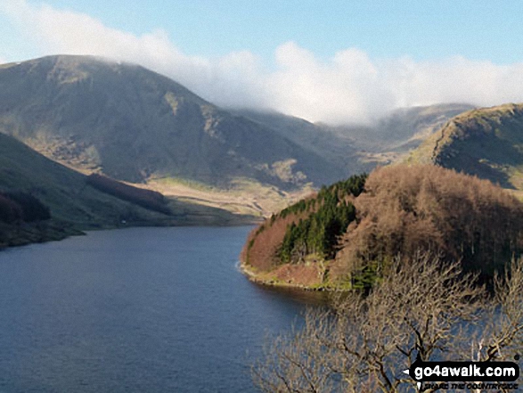 Walk c362 Branstree and High Street from Mardale Head - Harter Fell (left) and Mardale Ill Bell (in cloud) seen from above Haweswater Reservoir near Rowantreethwaite Beck